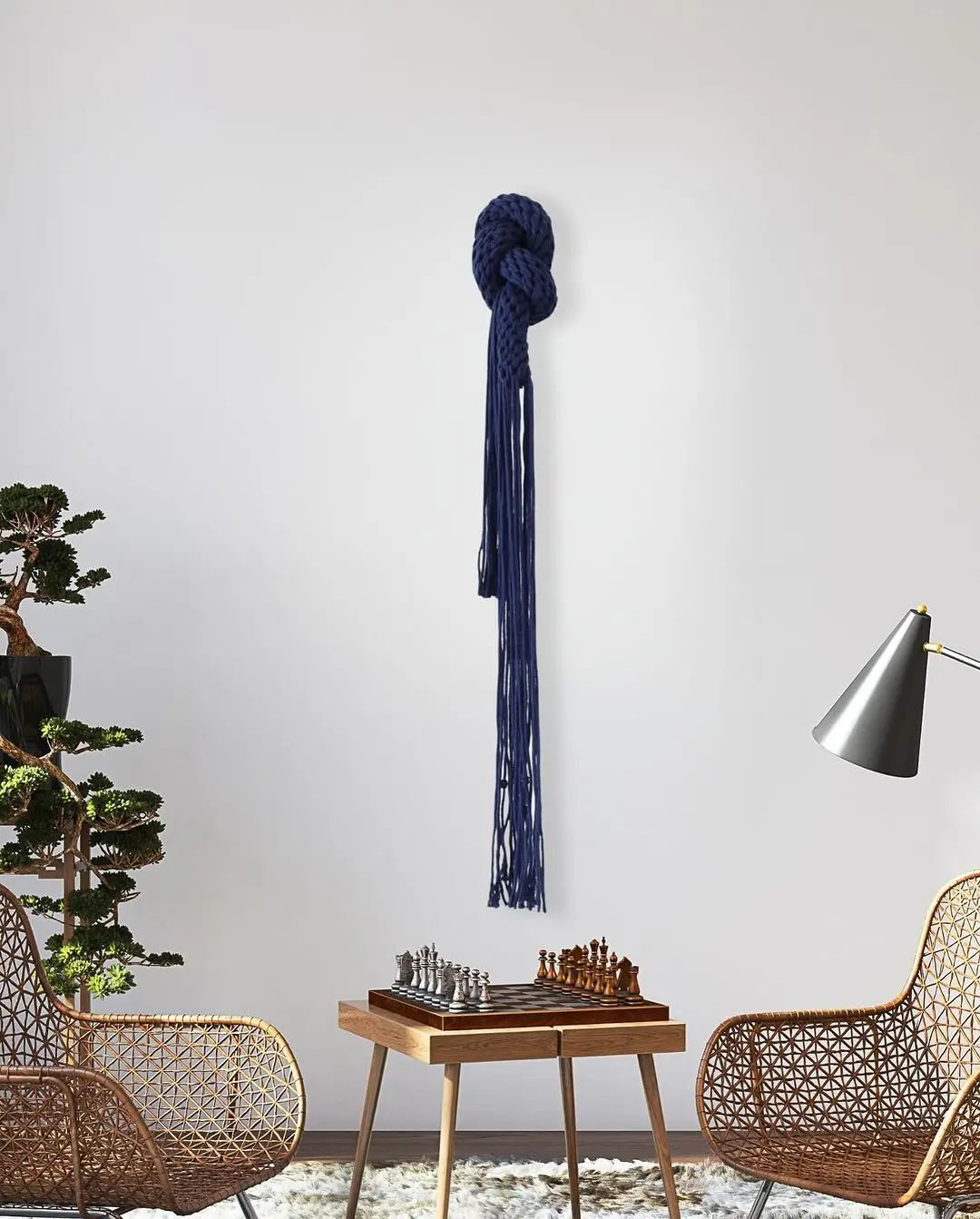 

Handmade Blue Macrame Wall Hanging, Knot Design with Fringed Tassels, Boho Chic Home Decor