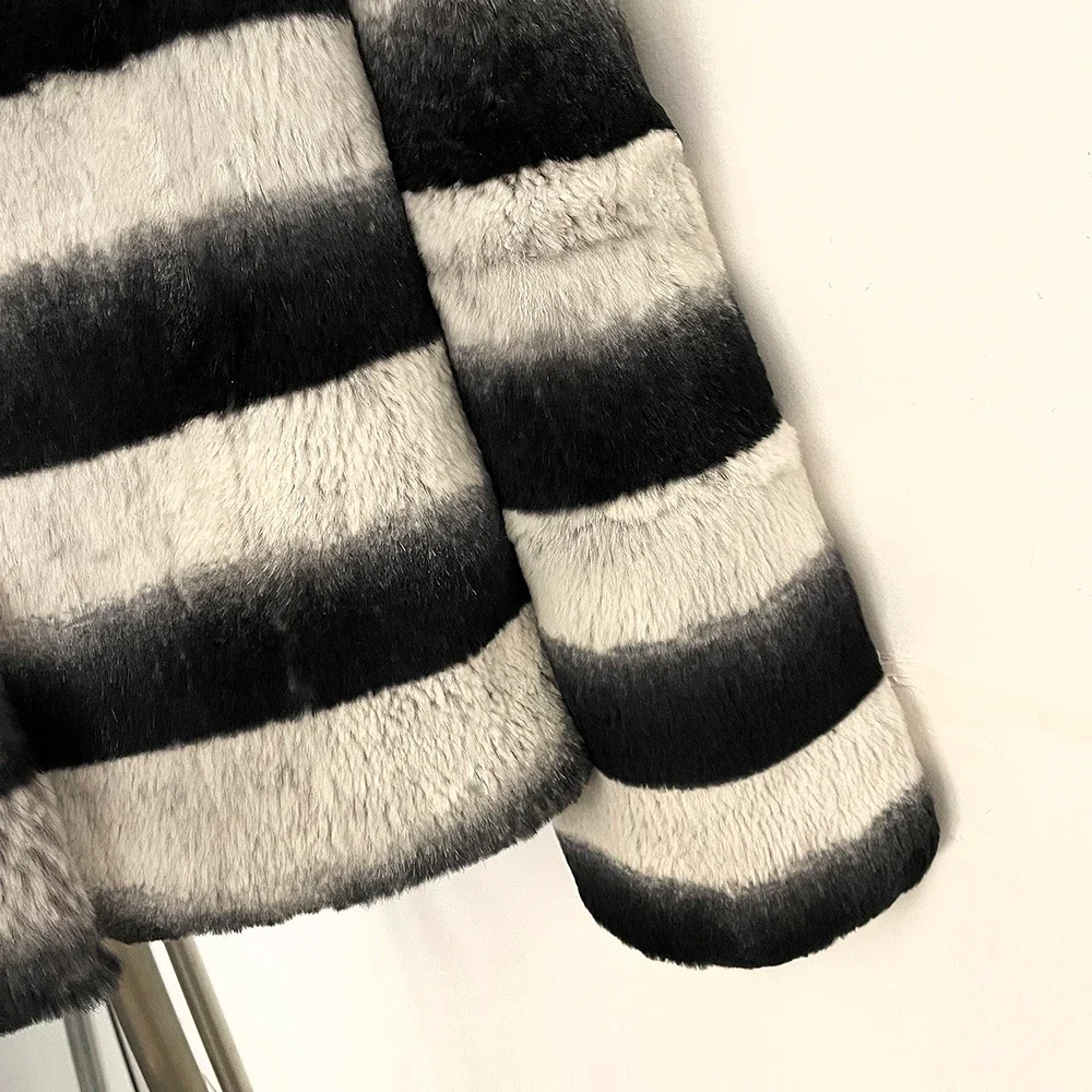 OFTBUY Stand Collar Natural Rabbit Fur Winter Jacket Female New Short Clothes Women Black White Striped Real Rabbit Fur Coat