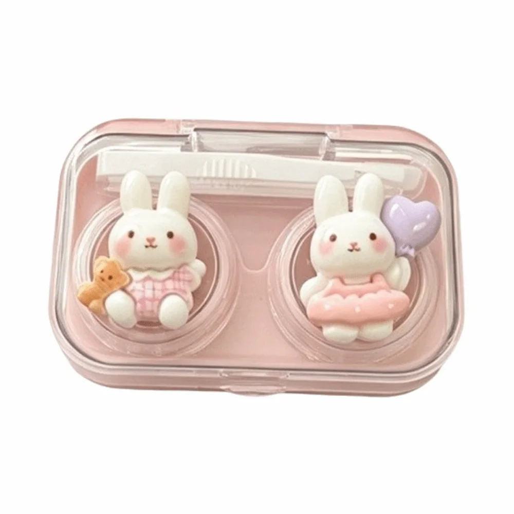 Cartoon Bunny Contact Lens Case Wearing Tool Included Double Compartment Contact Lens Box Portable Cosmetic Lenses Container
