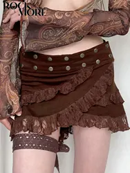 Rockmore Retro Brown Lace Patchwork Rivet Mini Skirt Women Low Rise Short Skirts Y2k Aesthetic 2000s Streetwear Outfit Coqutte