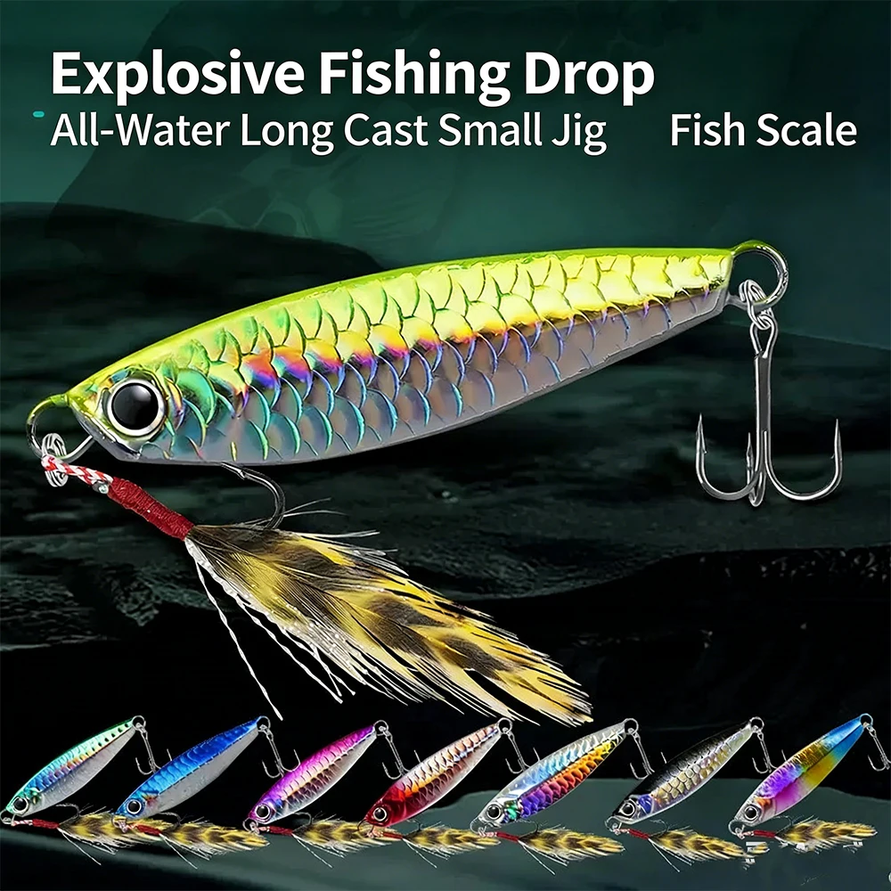 Scaled Jig Lures for Fishing - Long Casting Metal Spoon Bait with Feather Treble Hooks 7g-30g High Reflective Trolling Lures