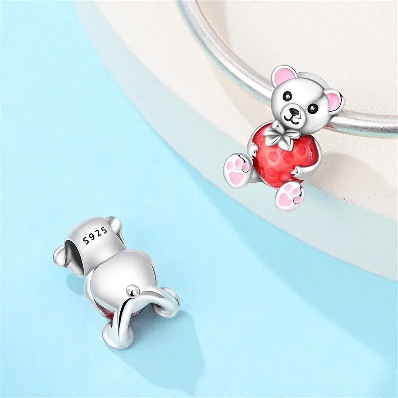 The new 925 sterling silver bear strawberry pendant beads, suitable for matching bracelets, DIY beads suitable for women, can be
