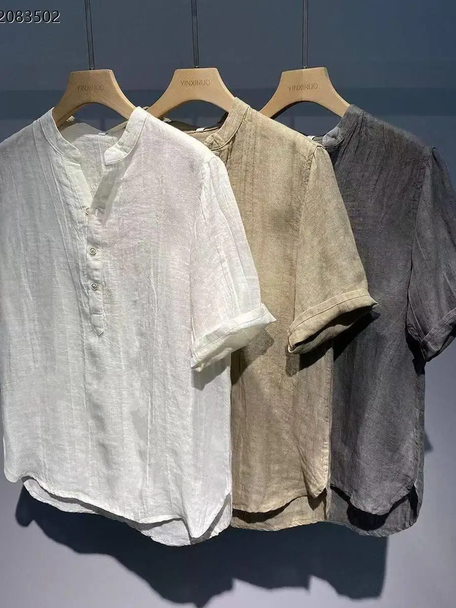 

Loose Fit Linen Short Sleeve V-Neck Shirt Men's Summer Breathable Comfortable Cotton Linen Blend Citywalk Fashion T-Shirt