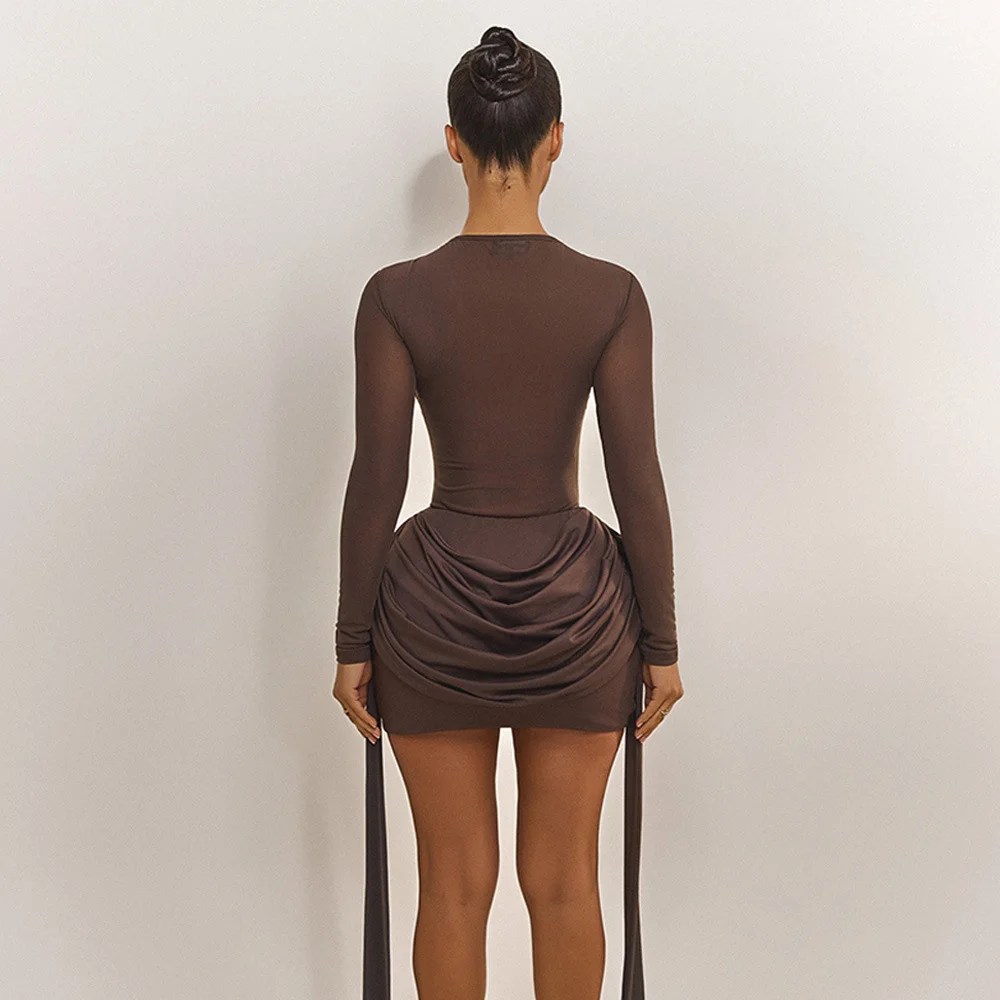 Solid color sheer tulle long-sleeve bodycon dress with ribbon detailing