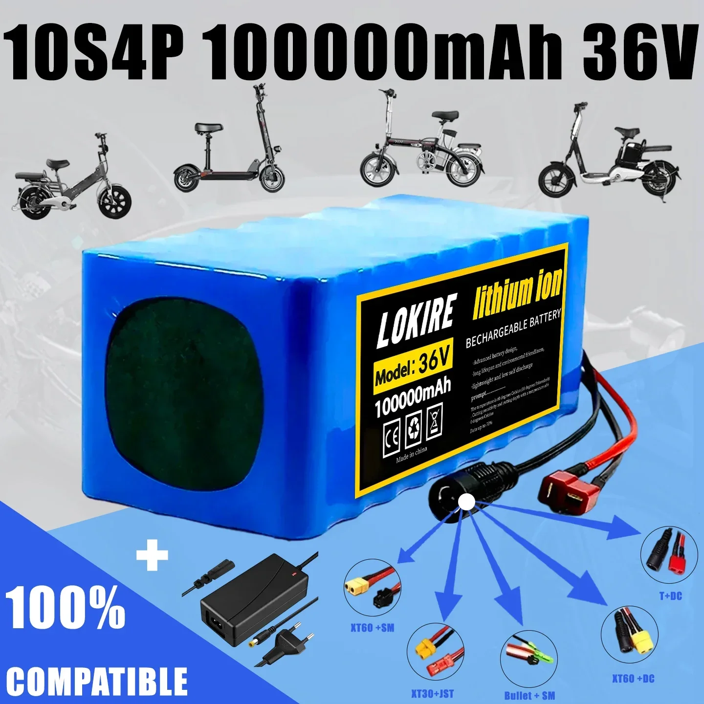 Kostenlose Lieferung des 36-V-Akkupacks 10S4P 100 Ah, 1000 W Hochleistungsakku, 42 V 100000 mAh BMS + 42 V 2 A Ladegerät