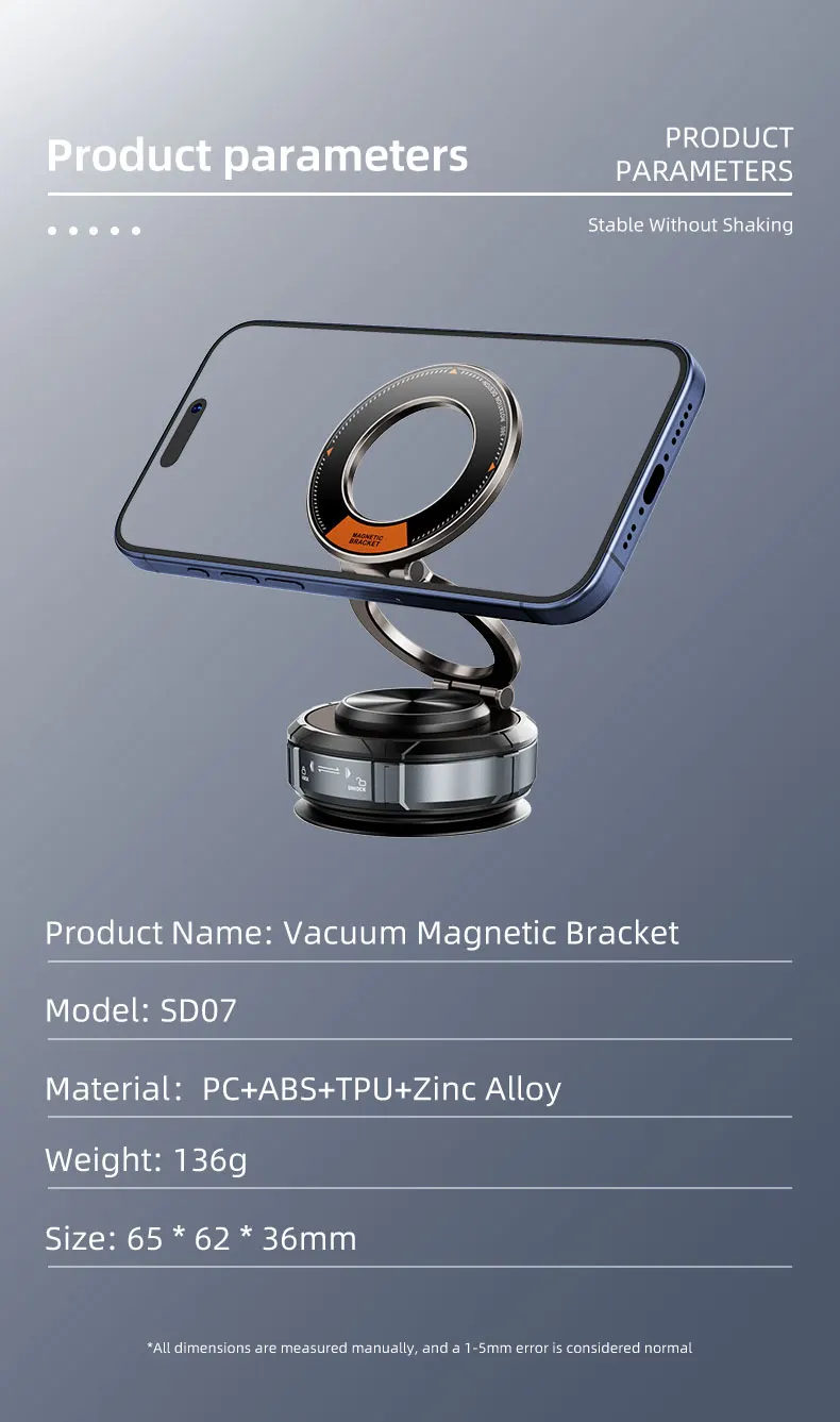 Strong Magnetic Car Phone Holder Foldable Design 90° Adjustable Vacuum Mount for Car/Desk/Bathroom/Universal Use