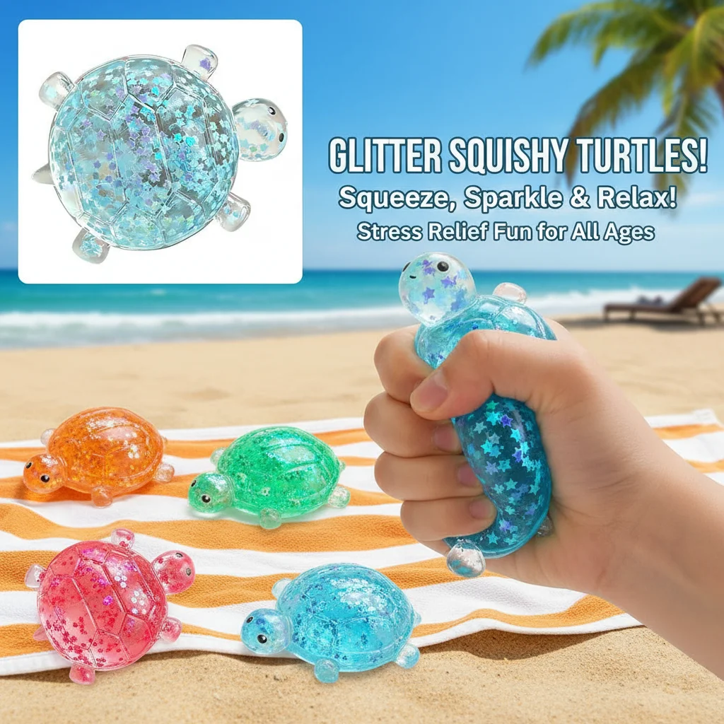 Squishy Glitter Turtle Fidget Toy Small Cute Animal Squeeze Anti-Stress Decompression Vent Splat Fidget Toy