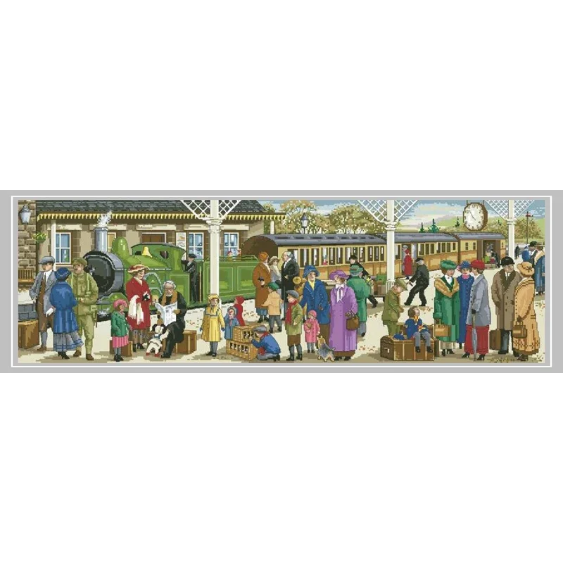 Amishop Top Quality Lovely Hot Selling Counted Cross Stitch Kit Busy Railway Train Station Travel Farewell Csc