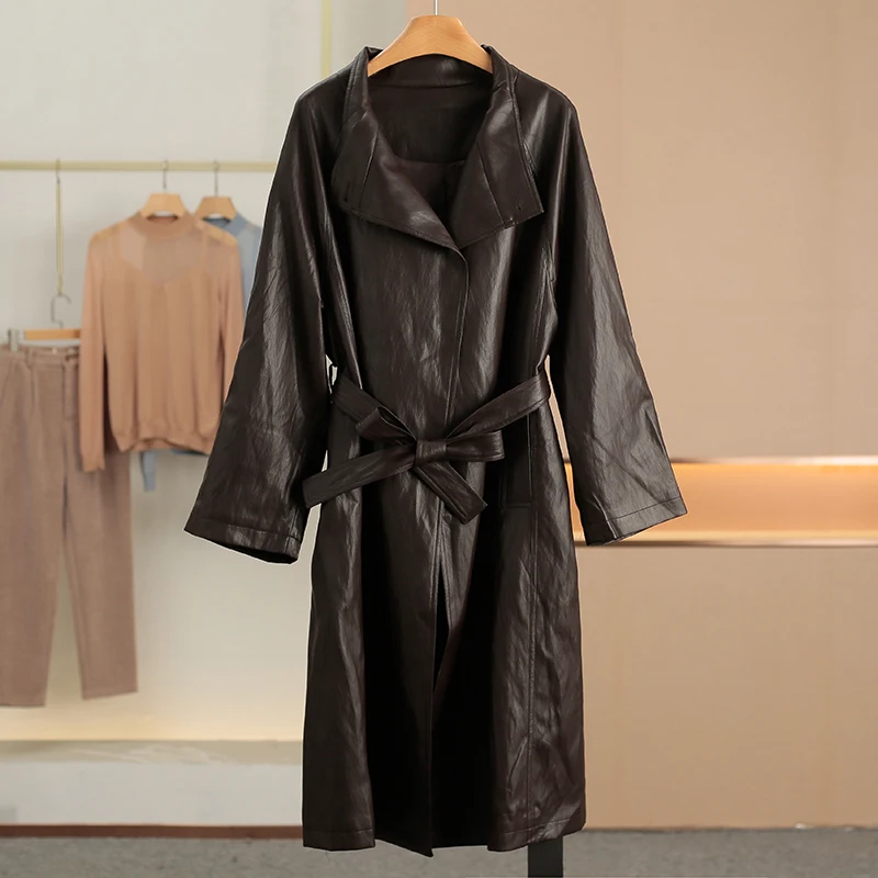 

Long Waist-Cinching Jacket with Shoulder-Pad And Belt PU Leather Coat for Women Spring New Style Loose Fit Chinese Brand