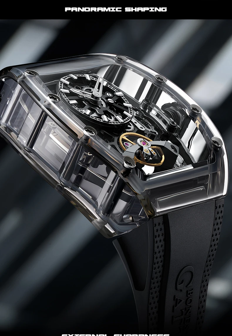 BONEST GATTI ساعة أوتوماتيكية للرجال 45*53 مللي متر Tonneau ساعة اليد الميكانيكية علبة أكريليك الياقوت Lume الجوف خارج الهاتفي فلوروروبر