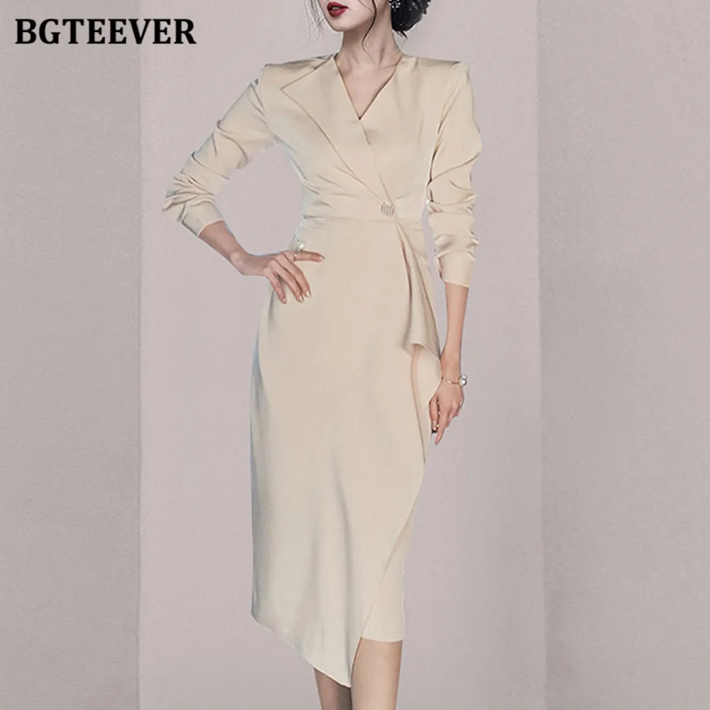 

BGTEEVER Stylish Chic Ladies V-neck Irregular Bodycon Dress Long Sleeve Female Slim Package Hip Dress Autumn Fashion OL Dress