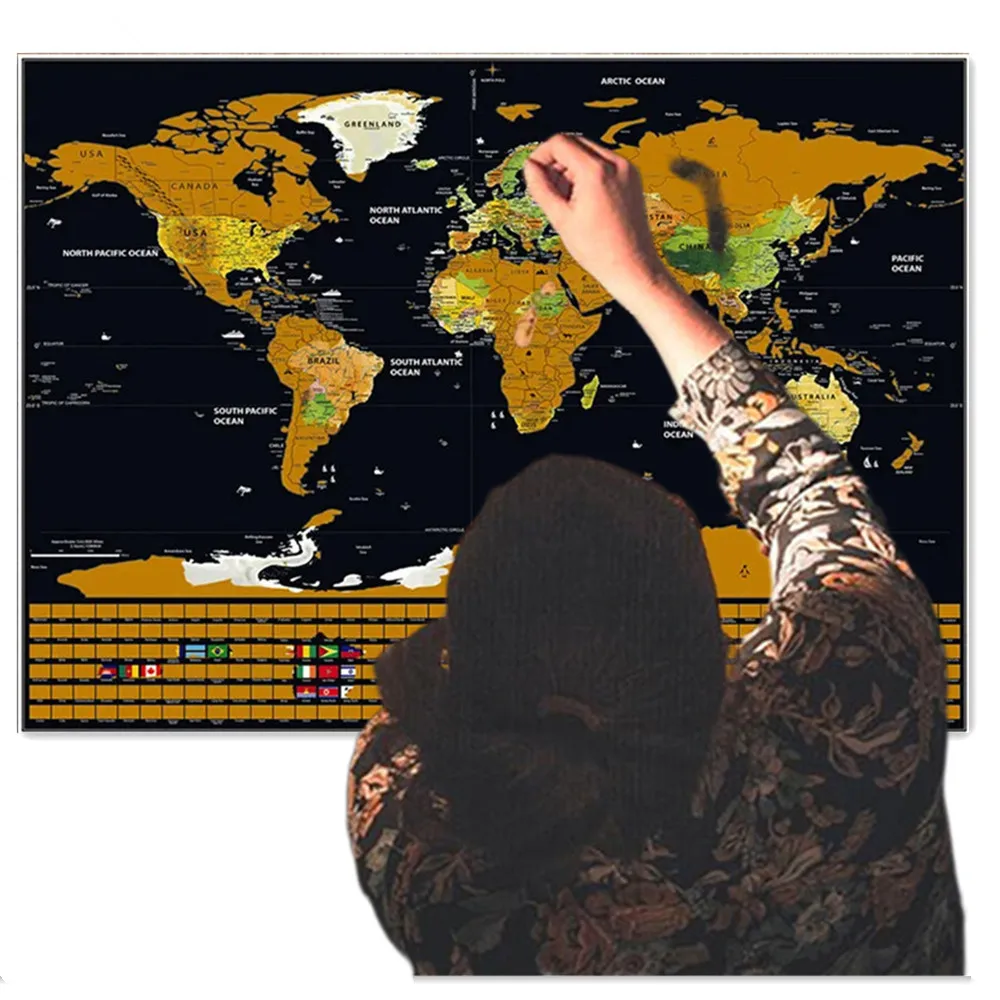 Deluxe Travel Wall Art Poster Easy Scratch Cartography Gift for Adventurers Vintage Gold Foil Coated Atlas with Country Flags