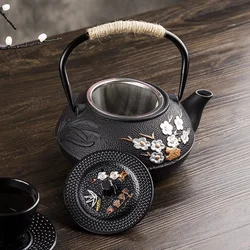 Japanese Tea Pot Exquisite Plum and Bamboo Painted Series Cast Iron Kettle Boiling Water Set with Strainer Pot