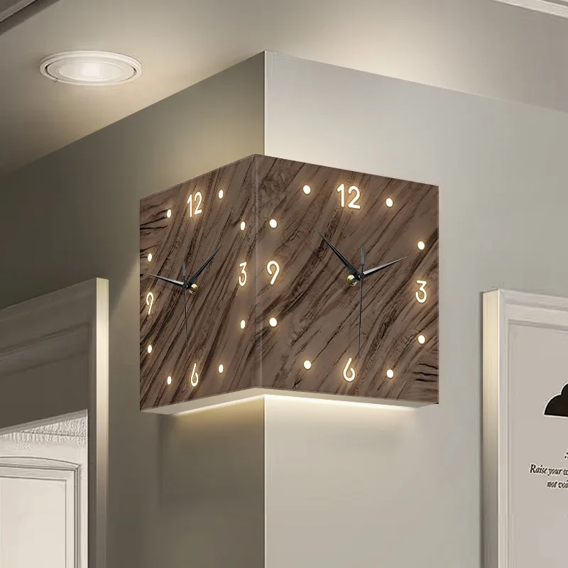

Advanced corner double-sided wall clock without punching, simple creative clock wall lamp painting, living room corner yang corn