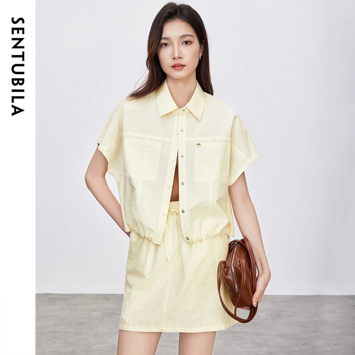 SENTUBILA Women's Two Pieces Set 2025 New Lapel Short Sleeve Shirt Elastic Waist Mini Skirt New In Matching Sets 152Z87899
