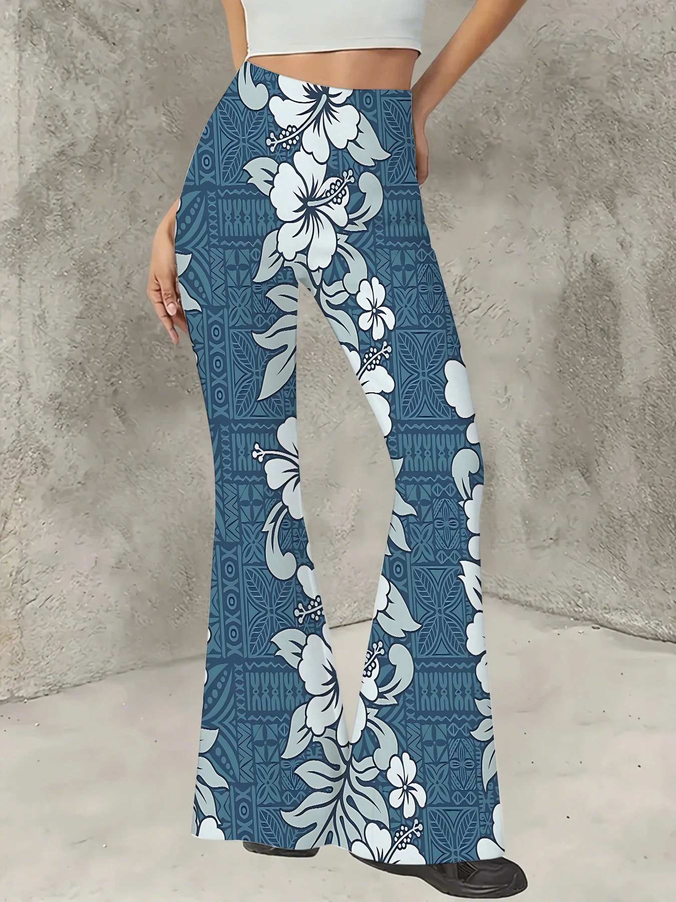 

Y2K Graphic Print Flare Pants Women High Waist Knit Bell Bottom Trousers