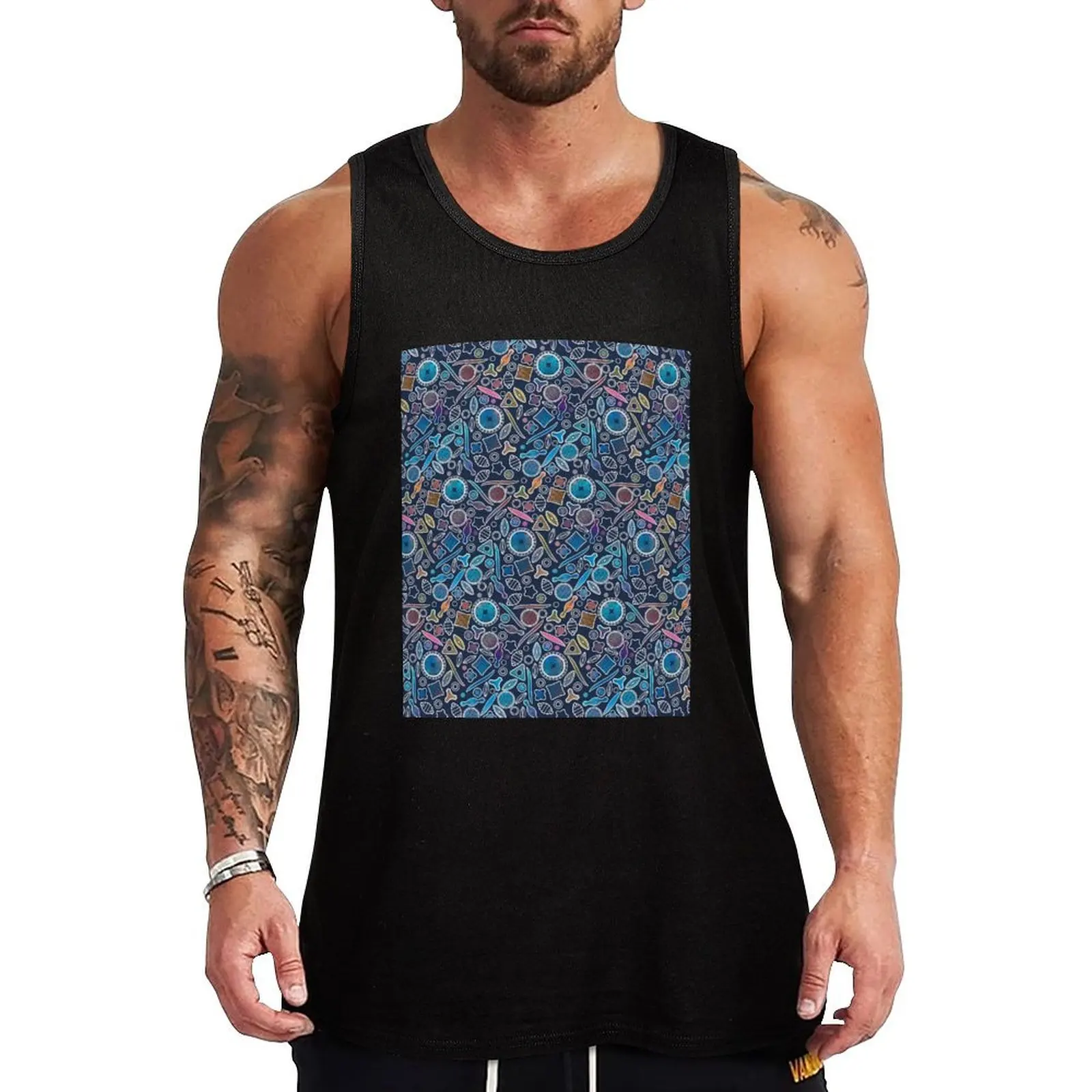 Under the microscope - Indigo Tank Top Vintage Graphic Tank Top Retro Print Sleeveless Tee