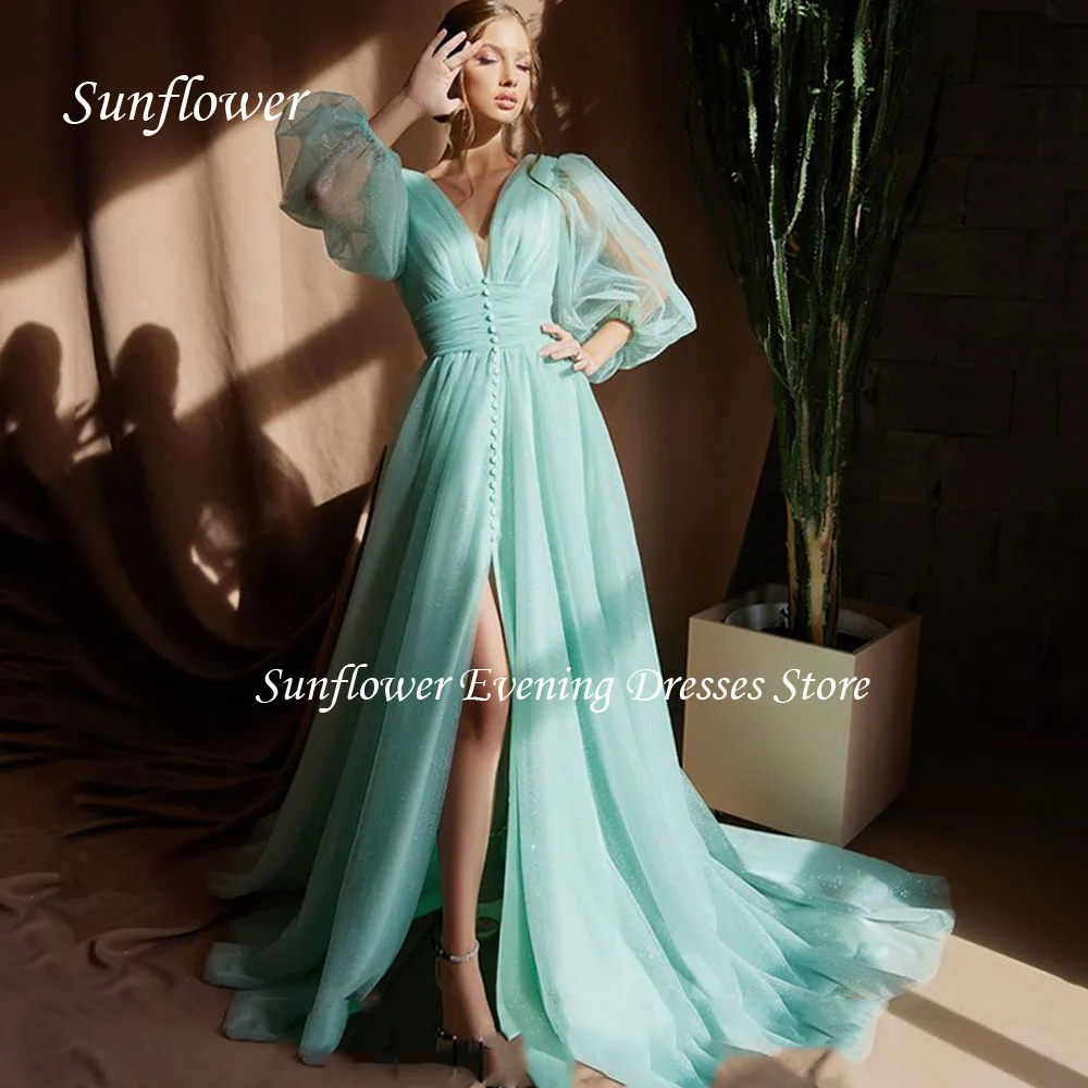 

Sunflower Deep V-Neck Prom Gown Slit A-LINE Evening Dress Tulle Party Dress 2023 Long Sleeve Backless Floor-Length Wedding Dress