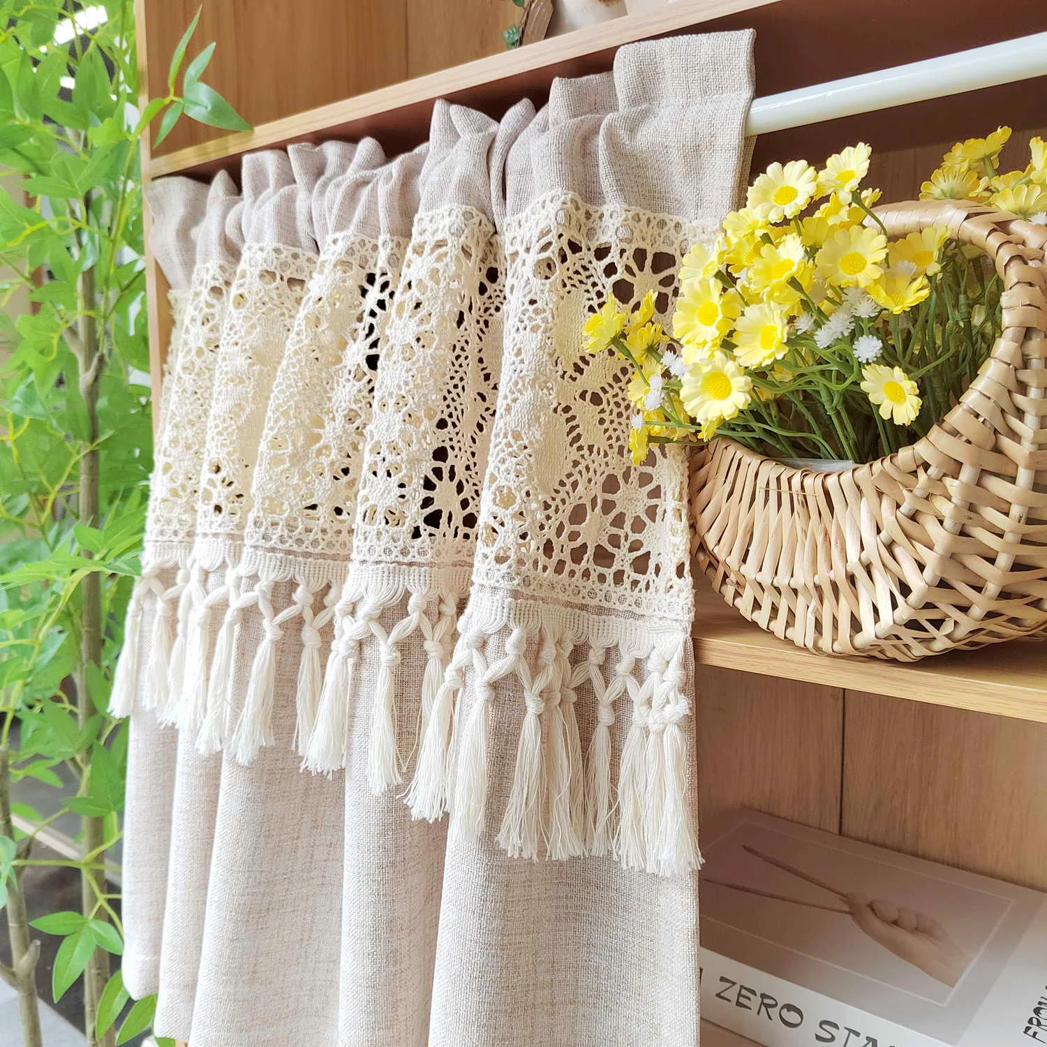 Cortinas de cocina bohemias de 1 panel, cortinas pequeñas recortadas de  ganchillo rústico para fundas de librería, cortina de café con bolsillo  superior para varillas / Textil de hogar, image size:1500x1500