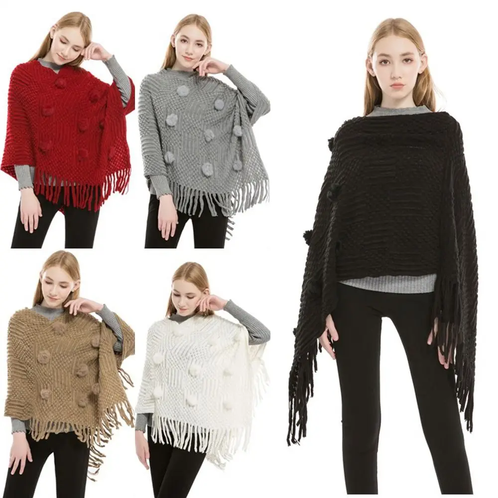 

New Imitation Cashmere Warm Shawl Plus Size Solid Color Women's Cape Rabbit Fur Ball Tassels Scarf