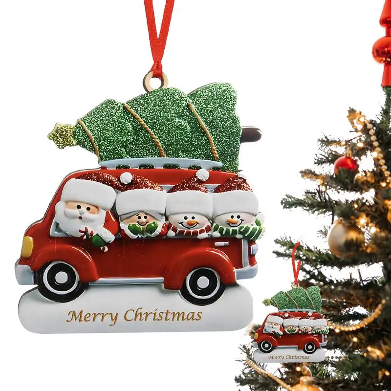 Christmas Tree Family Member Hanging Ornament Santa Snowman In A Red Car With Shiny Green Christmas Tree For Holiday Home Decor