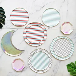 8pcs/lot Flat-bottomed Striped Lattice Pizza Plate Shaped Moon Hexagonal Picnic Disposable Birthday Party Tableware Cake Plates