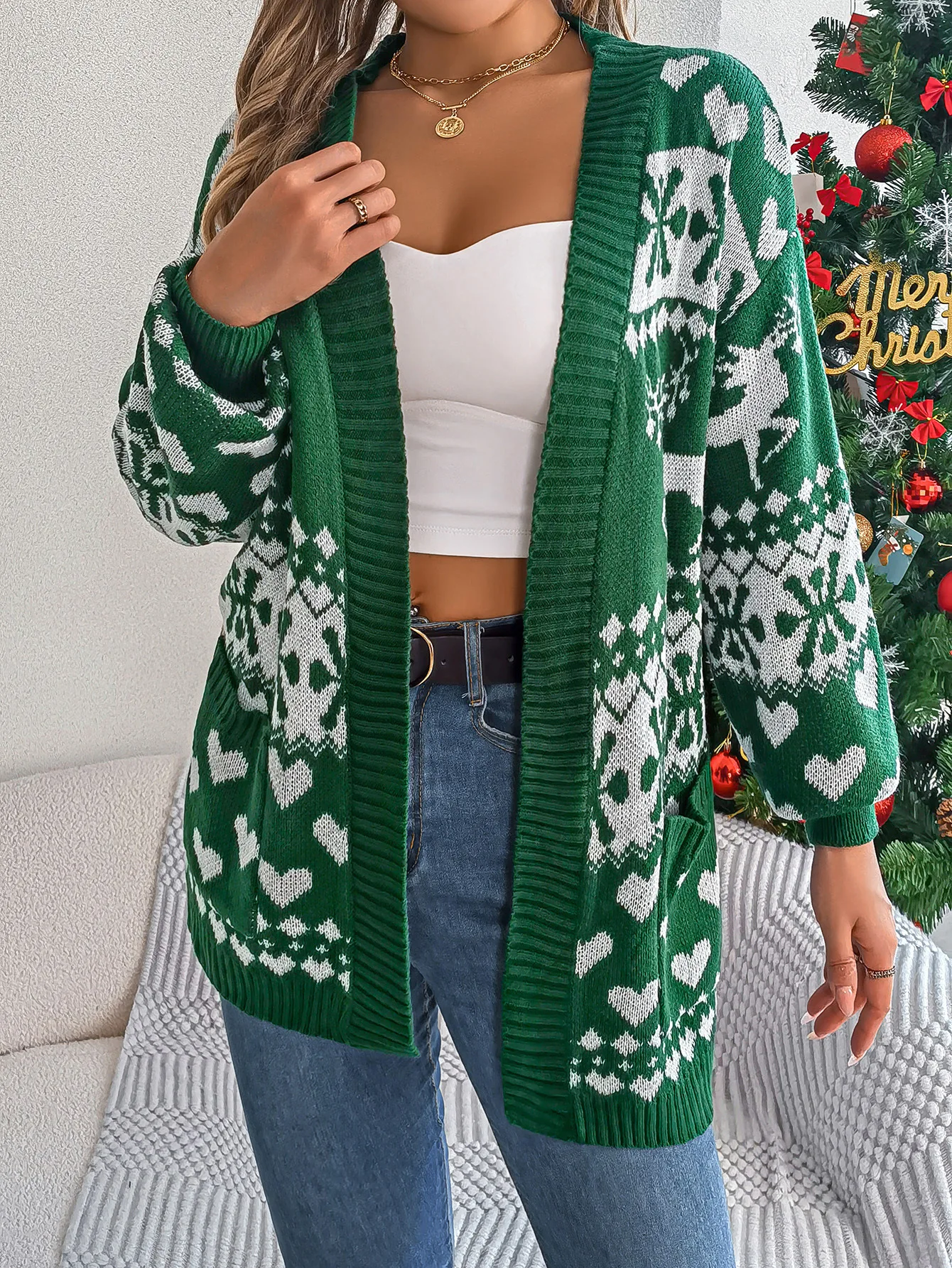 Women Ugly Christmas Cardigan Sweater 3D Christmas Reindeer Snowflakes Hearts Print Long Sleeve Open Front Knit Cardigan