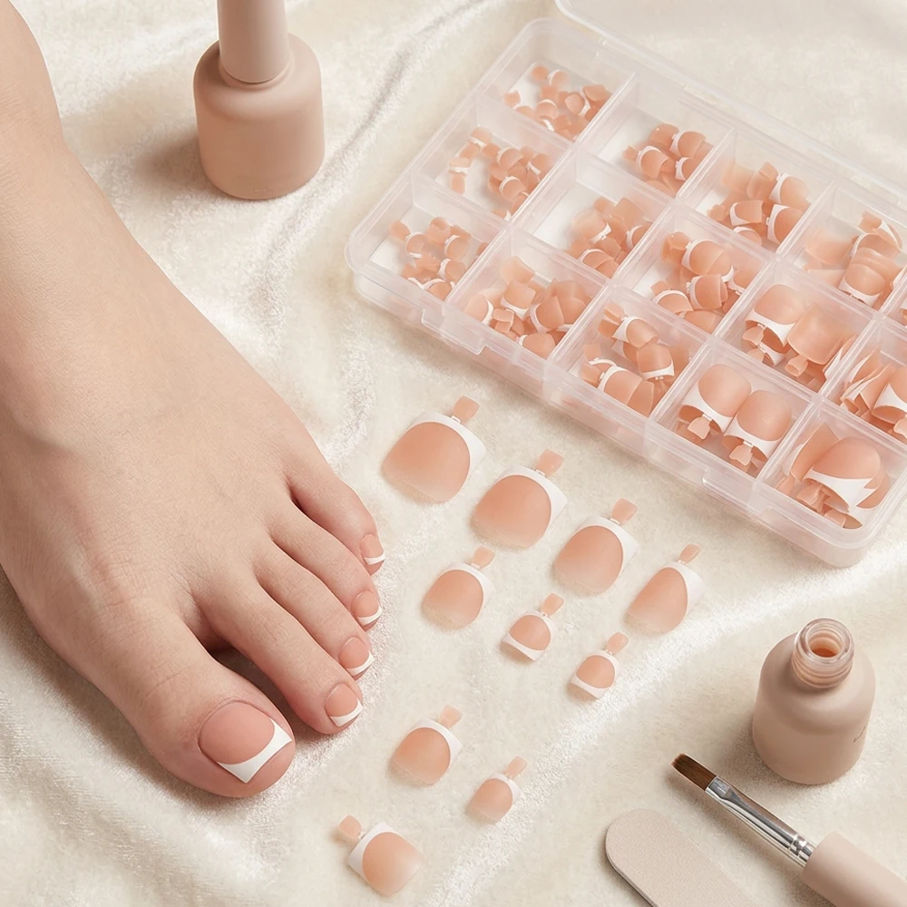 150pc Matte Peach Nude Square Press On Toenails White French Soft Gel Fake Toe Nails for Summer Beach Bridal Daily False Toenail view 6