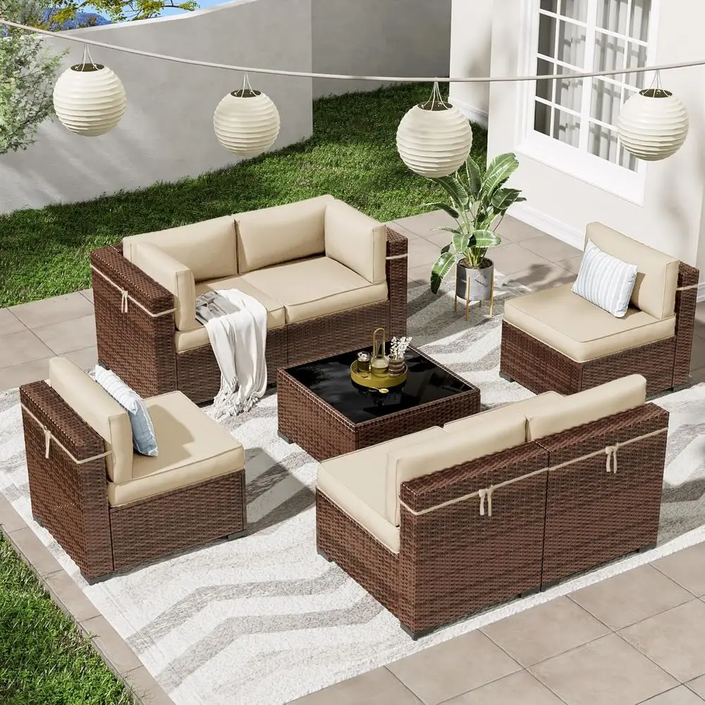

7-Piece All-Weather Wicker Patio Sectional Set with Coffee Table, Suitable for Backyard and Balcony, Beige (Waterproof Covers In