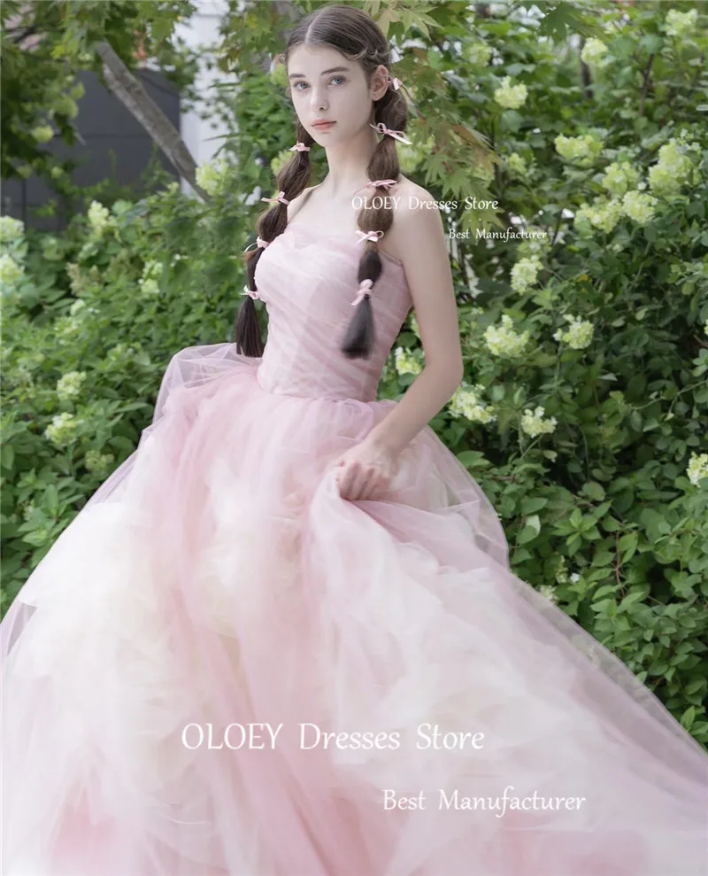 OLOEY Princess Fairy Soft Tulle A Line Prom Evening Dresses Korea Wedding Photoshoot Strapless Garden Lace Up Back Party Gowns