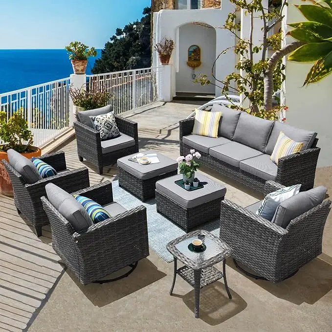 8 Piece Outdoor Wicker Sofa with Swivel Rocking Chairs and Comfy Cushions, High Back Rattan Couch Conversation Set