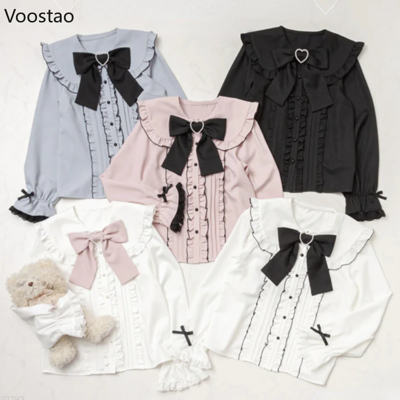 Autumn Kawaii Women Lolita Shirts Bow Hearts Buckle Blouse Y2k Japanese Elegant Puff Sleeve Sweet Tops Office Ladies JK Shirt