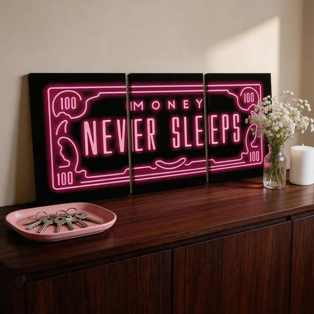 3pcs/Set Wooden Frame Canvas Wall Art, Neon Money Never Sleeps Quote Print, Living Room Bedroom Kitchen Office Home Decor - view 3