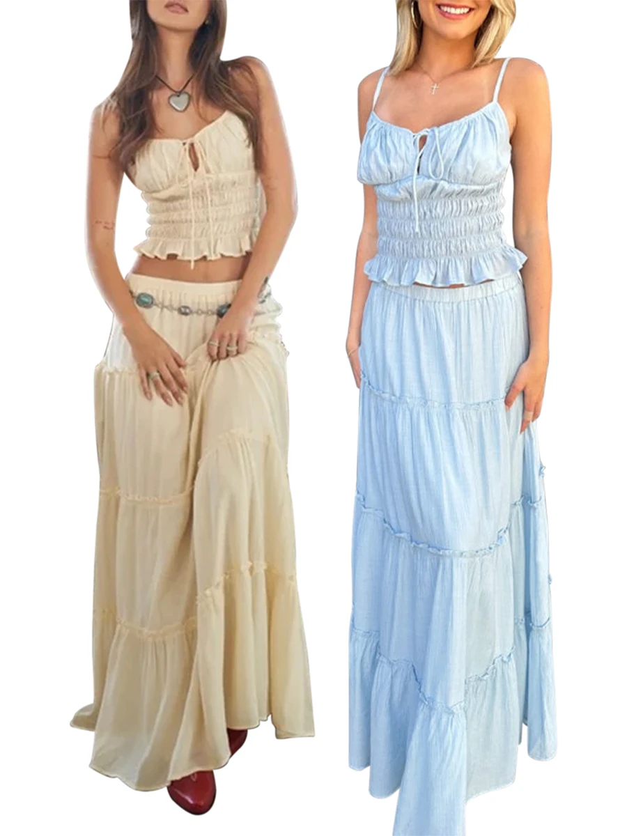 New Fashion Women Summer Dress Sets Ruffled Camis Skirt Suits Spaghetti Straps Ruched Vest Tops Swing Long Skirts Suits