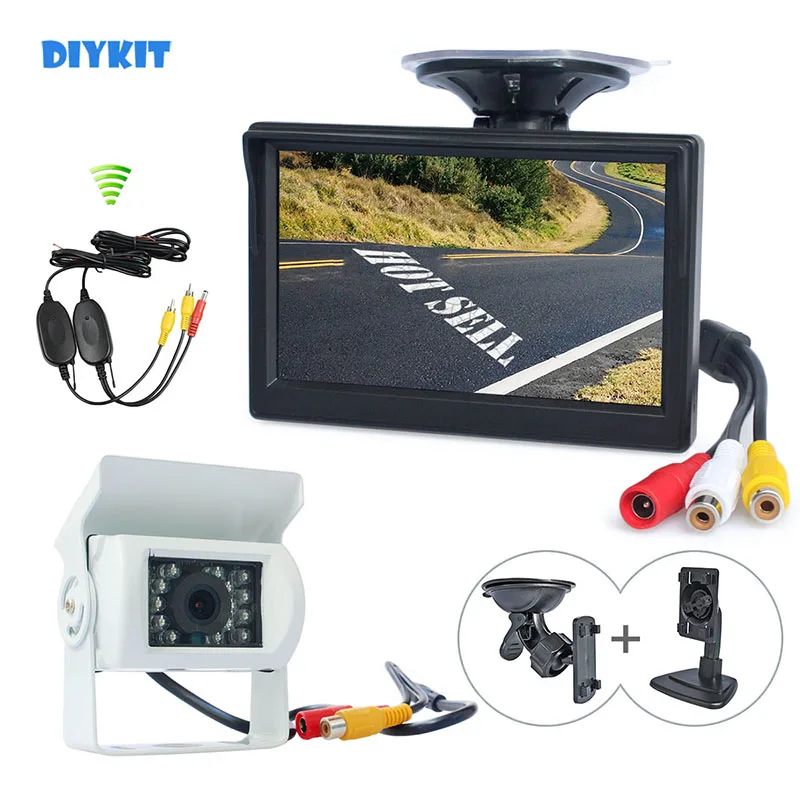 

DIYKIT Wireless Waterproof Color CCD Reverse Backup Car Truck Camera IR Night Vision 5 inch LCD Display Rear View Car Monitor