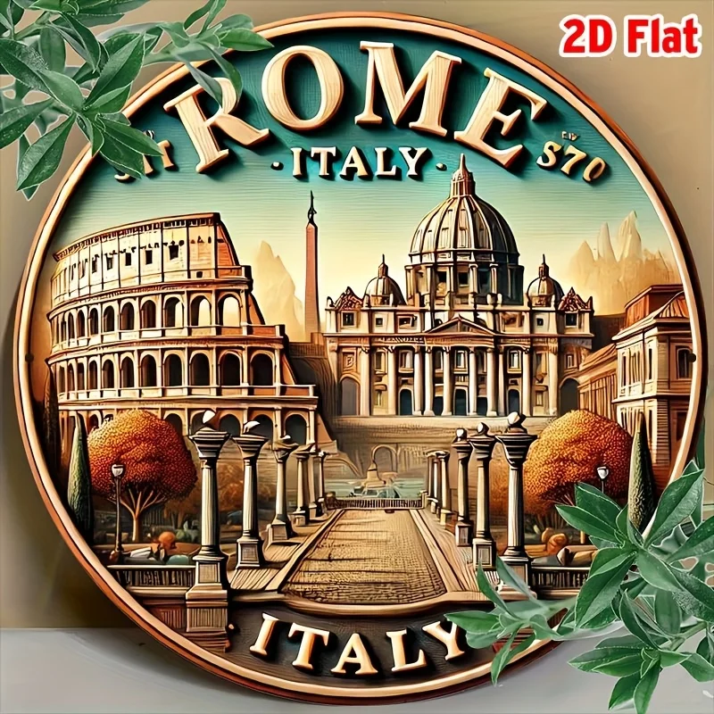 2D Flat, Vintage Rome Italian-Themed Aluminum Wall Art - 7.87x7.87 Inch Round Decorative Sign with Colosseum & St. Peter'S Basil