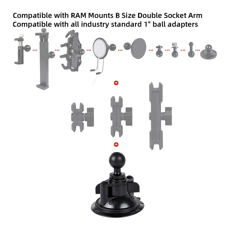 Suction Cup Base Mount with 25mm/1" Ball Head Ram Mount Compatible with Double Ball Socket Arm for Car Gopro Camera Support