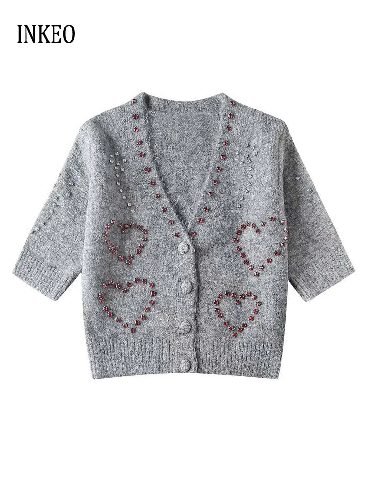 Fashion Beaded hearts knit cardigan Women 2024 Collection Luxury V-neck Rhinestone sweater Short sleeve Knitwear 2024 Gray 4O024