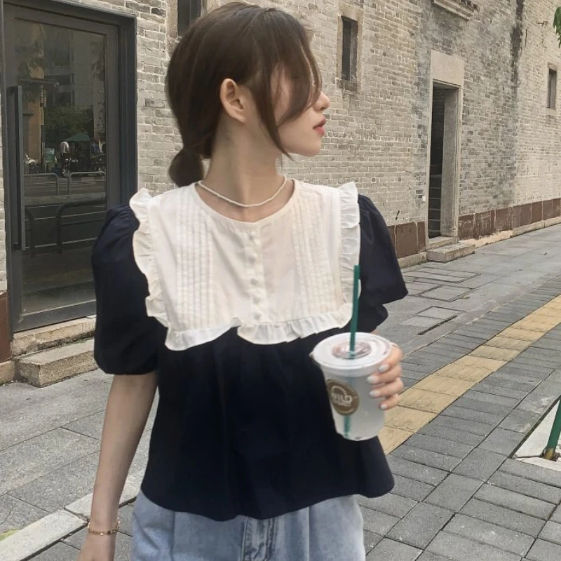 Panelled Blouses Women Sweet Baggy Summer Puff Sleeve Casual Students Tender Streetwear All-match Basic Tops Korean Style Trendy