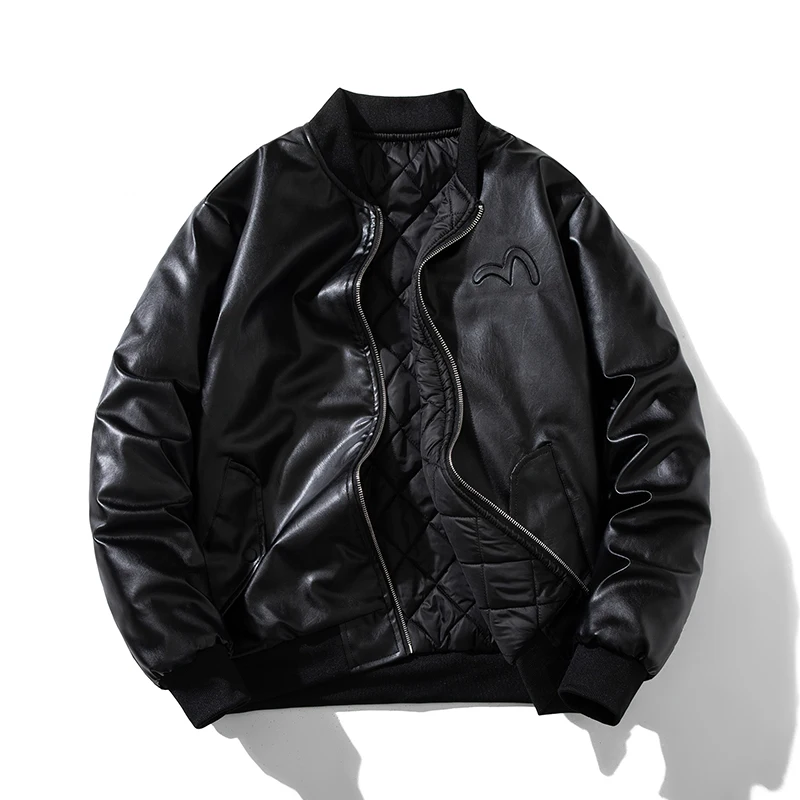 

Retro American PU Leather Jaet Motorcycle Baseball Jaet Men's Autumn Winter Street Sle Embroidery Couple Cotton Coat