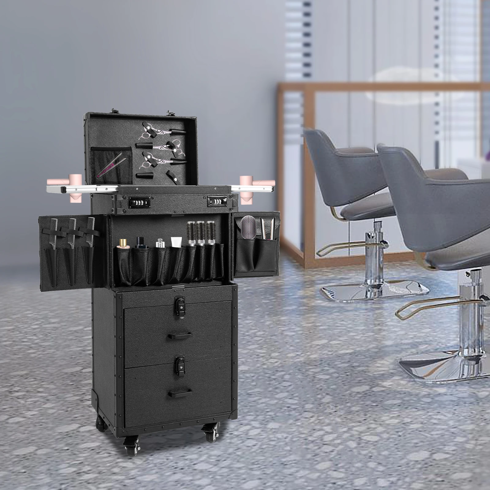 

Современный черный косметический чемодан ручной работы на колесиках, большой, с отделениями для хранения, из ПУ и дерева, металлическая тележка для макияжа, 2 выдвижных ящика, 4 колеса, 2 с тормозами