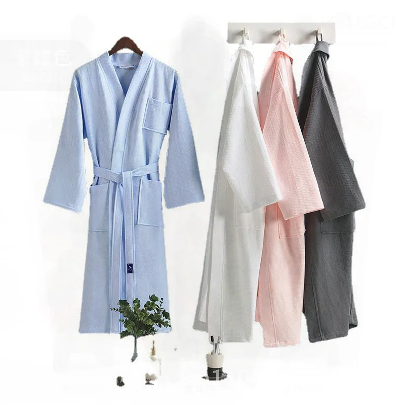Хлопковый халат унисекс с вафельным плетением, длинная ночная рубашка для мужчин и женщин, водопоглощающая, быстросохнущая, качественная, для отеля, весна-лето Хлопковый халат унисекс с вафельным плетением, длинная ночная рубашка для мужчин и женщин, водопоглощающая, быстросохнущая, качественная, для отеля, весна-лето