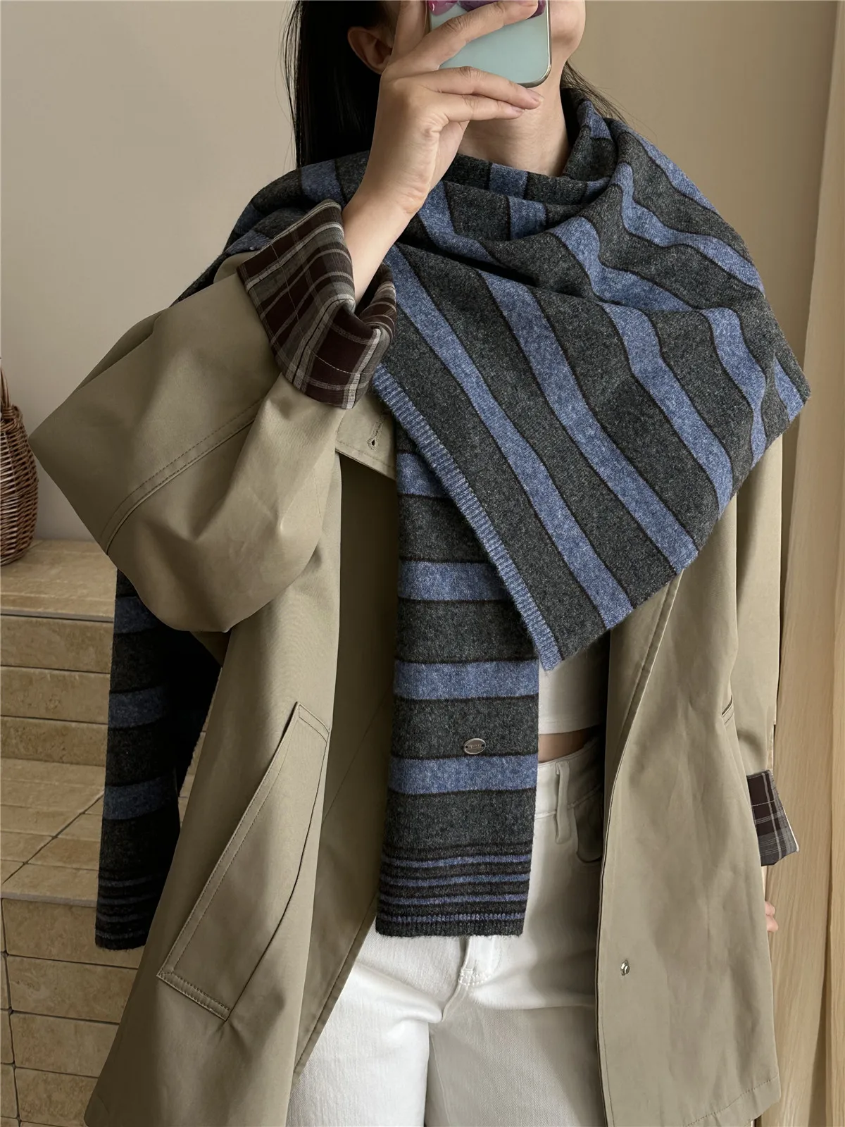 Gray Blue Stripe Knitted Scarf Women's Autumn Winter Warm College Style Retro Shoulder Wrap Decorative Lazy Fashion Polyester...