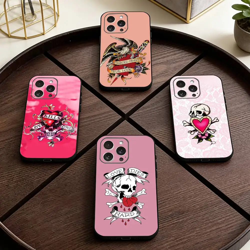 Coque de téléphone en silicone souple noire avec motif papier peint rose ED Hardy pour iPhone 17, 16, 15, 14, 13, 12, 11 Plus, Pro Max, XS