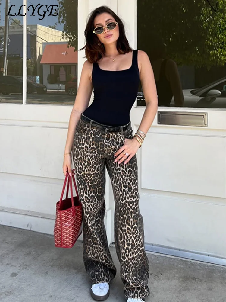 Vintage Women's Leopard Print Jeans Y2k High Waist Pocket Straight Denim Pants 2025 Spring Summer Lady Street Panther Trousers
