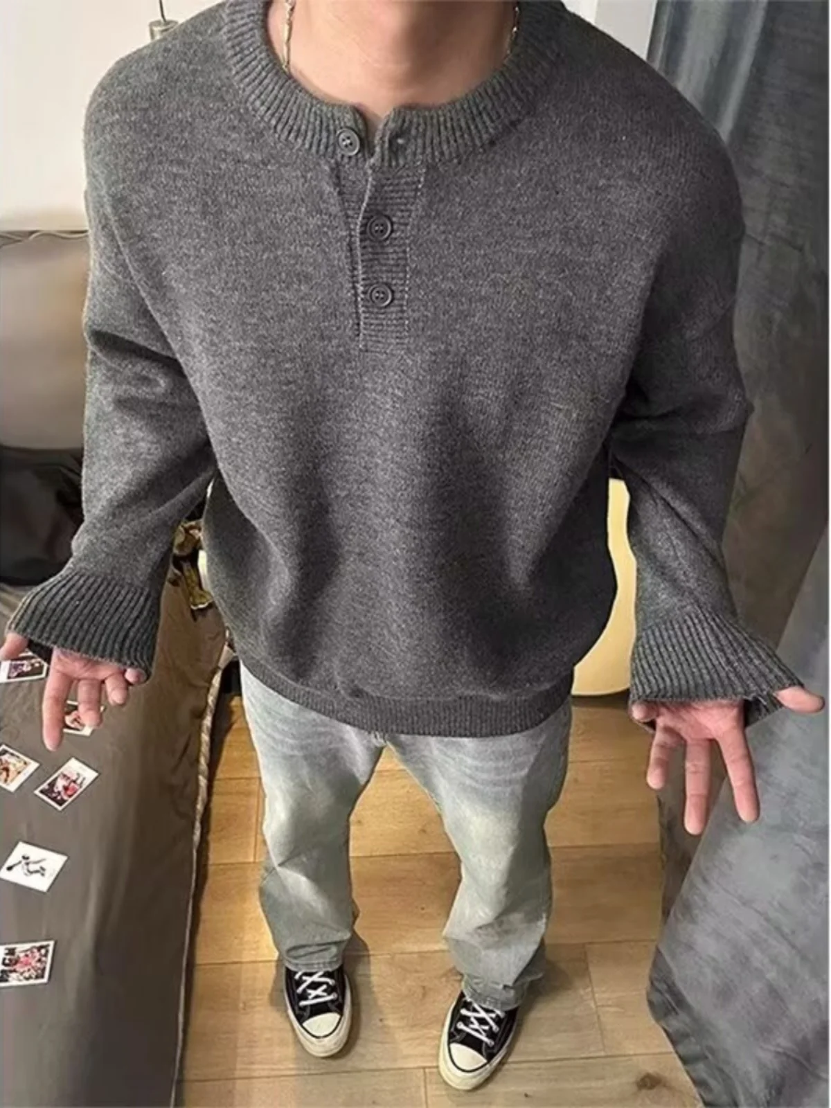 

Мужской вязаный свитер в американском ретро-стиле с воротником хенли, однотонный, повседневный, осенне-зимняя верхняя одежда