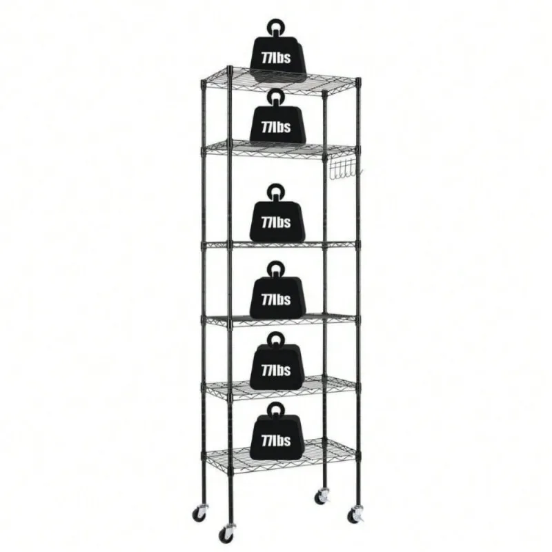 65" Adjustable Rolling Storage Shelf Rack 6-Tier Wire Unit with Hanging Hooks