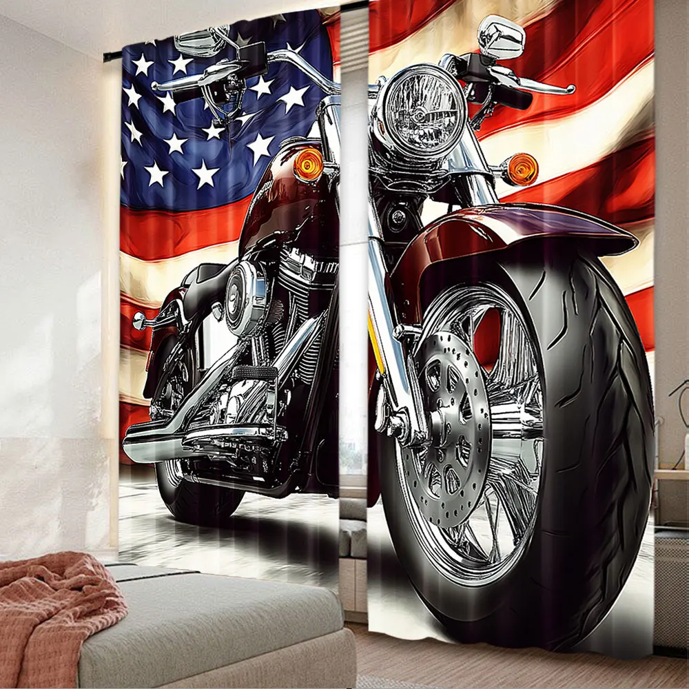 

2Pcs Cool Motorcycle Curtains American Flag Classic Curtain Motorbike Extreme Sports Modern Suitable For Living Room Bedroom