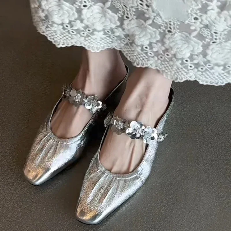 

2025 New Women Crystal Mules Flats Slippers Designer Sandals Dress Square-toe Leather Slides Slingback Buckle