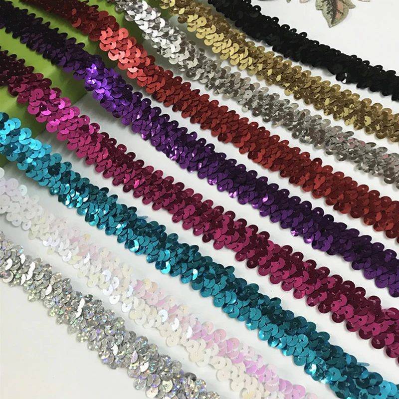 2Yards Elastic Sequins Ribbon Lace Trim Red Gold Sequin Sewing Fabric For Dress Clothes Headdress Bridal Wedding DIY Accessories